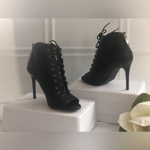 Brand New- Nicole Miller-Faux Leather -Black - Open Toe-Laced up -Ankle Bootie